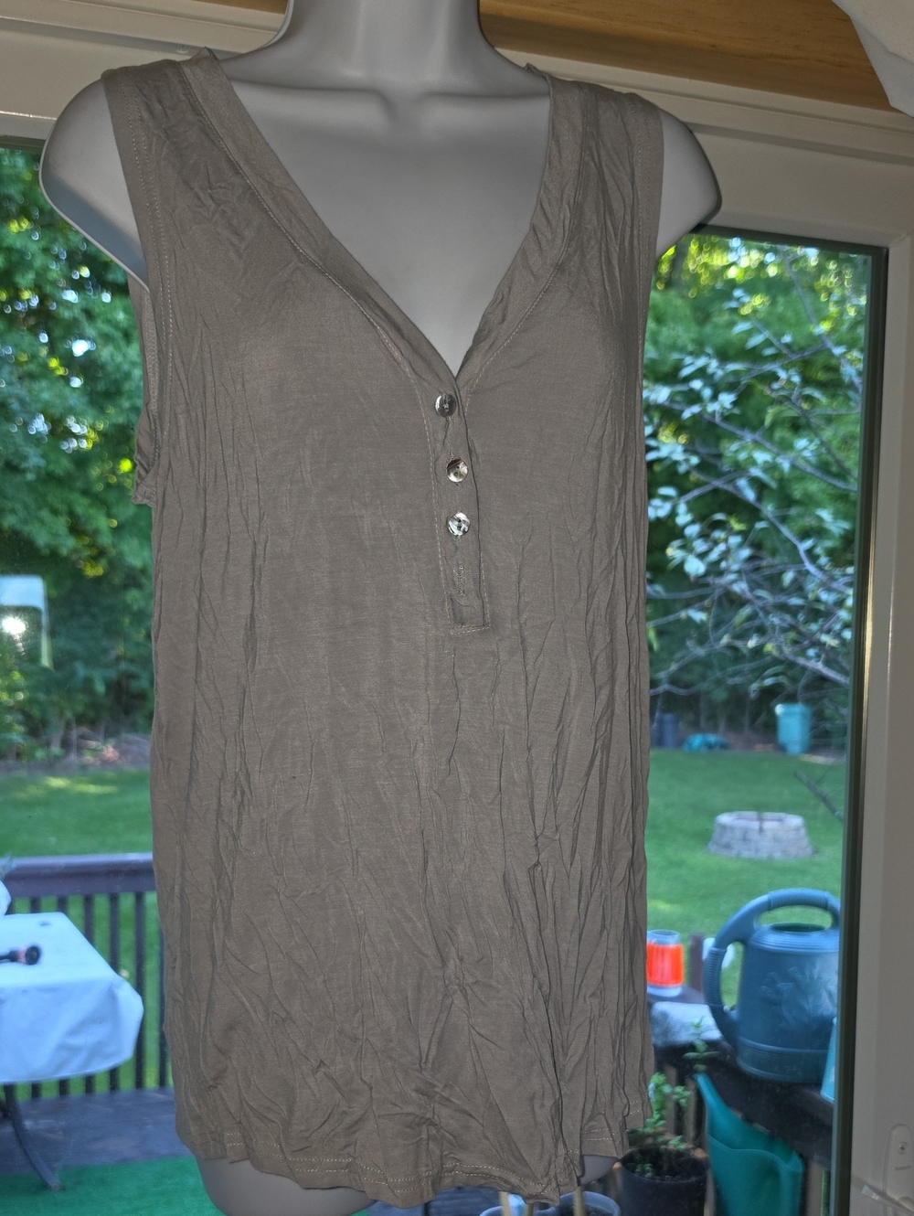 POL Sleeveless V-Neck Button Tank Top in Taupe